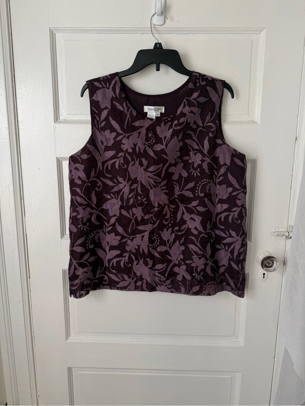 Coldwater Creek Linen Blend Plum & Lavender Floral Sleeveless Blouse Top USA Lg